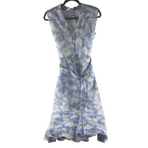 Vintage Handmade Blue White Floral Lace Print Sleeveless‎ Midi Dress Tie Waist